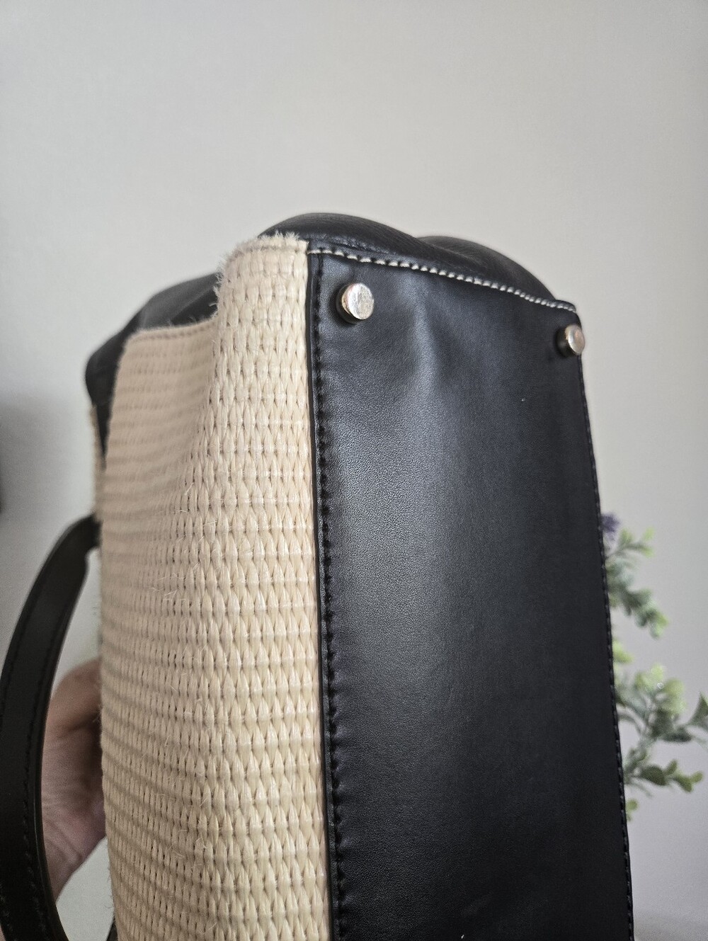 Kate Spade Houston Street Leo Black and Cream Woven Leather-Trim Tote - Picture 10 of 11
